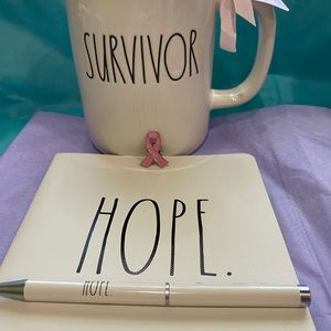 Rae Dunn breast cancer SURVIVOR mug with a HOPE journal, pen and lapel pin. 💞